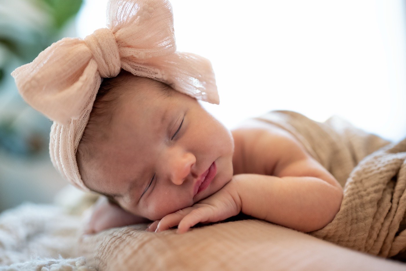 A sleeping newborn baby girl photographed in soft natural window light at home